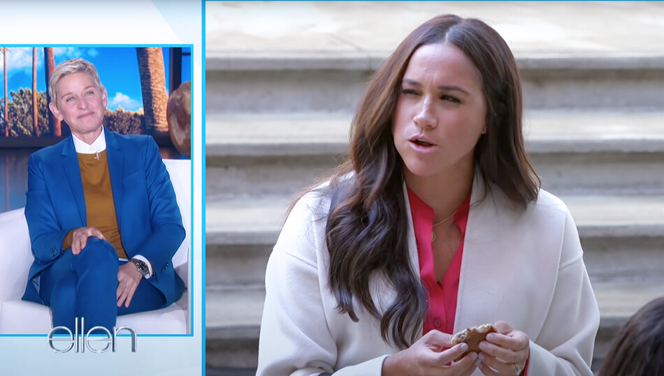 Меган Маркл говорит с набитым ртом во время ток-шоу «Шоу Эллен Дедженерес», 2021