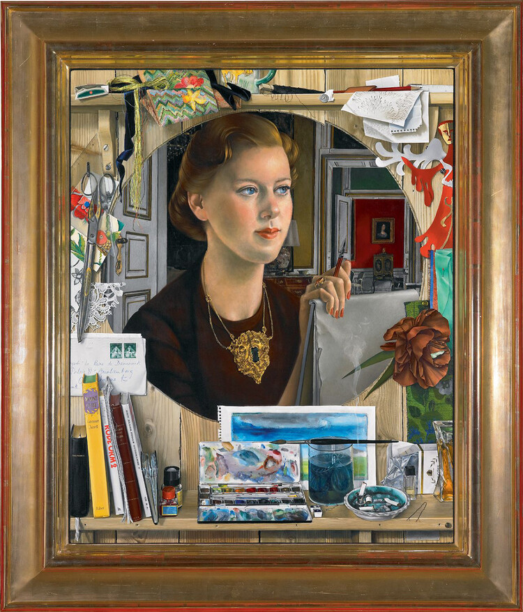 Портрет королевы Дании Маргрете II выполненныйй в любимой технике монарха, декупаж Нильс Стробек