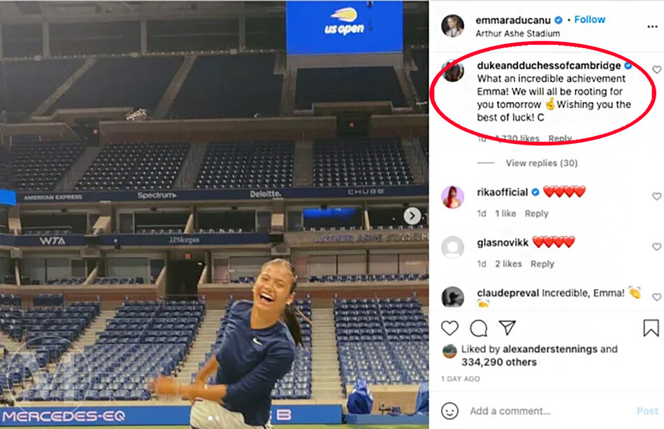 Удалённый комментарий герцогини Кембриджской, Кейт Миддлтон в Instagram аккаунте Эммы Радукану, 10 сентября 2021