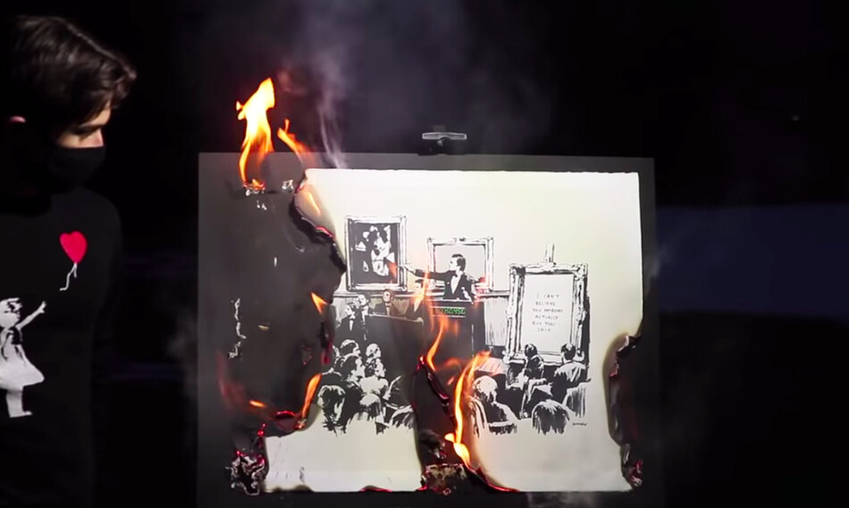 Сотрудник Injective Protocol сжигает картину Бэнкси, Morons (White)