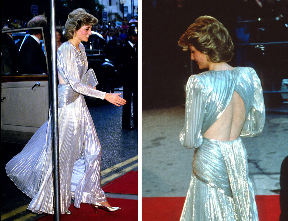 Диана, принцесса Уэльская, в серебряном платье с открытой спиной от дизайнера Брюсс Олдфилда, во время премьеры фильма о Джеймсе Бонде «Вид на убийство» в Empire, на Лестер-сквер, 12 июня, 1985 год в Лондоне, Англия