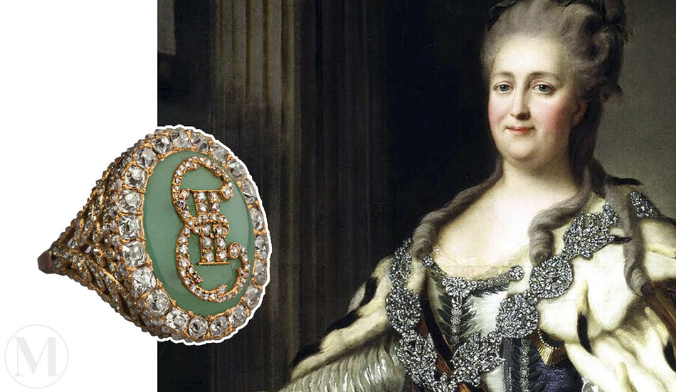 Перстень с анаграммой Екатерины Великой Выполнен из золота, бриллиантов различной каратности и изумруда