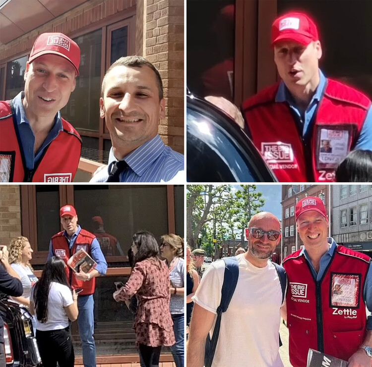 Принц Уильям в униформе продавца газет The Big Issue с радостью позировал для фотографий и селфи, когда его прикрытие было раскрыто, 9 июня 2022