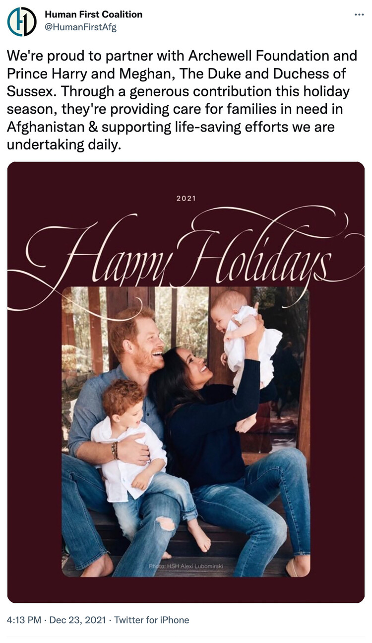 Организация Human First Coalition Partner Organization Award поблагодарила герцогов Сассекских за их благотворительную деятельность, 23 декабря 2021 года
