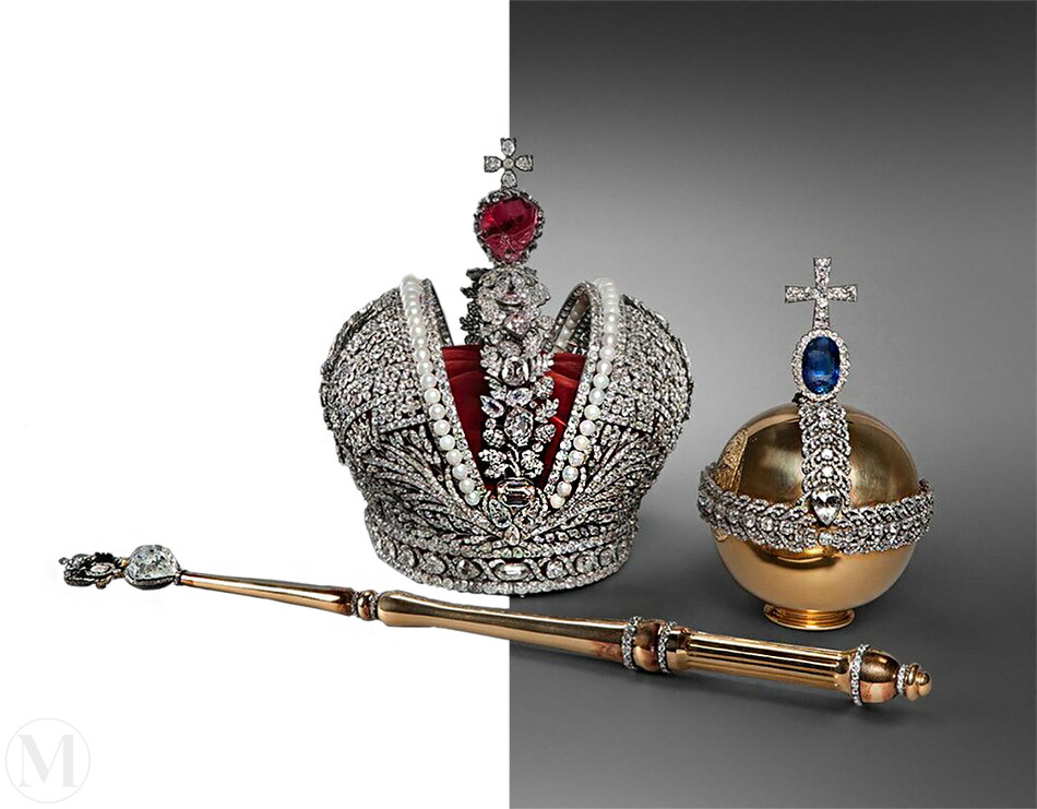 Корона Российской империи. Золото, серебро, бриллианты, жемчуг, шпинель 1762 год Мастер Иеремия Позье Держава императорская 1762 г. Золото, бриллианты, цейлонский сапфир (200 карат), алмаз (46,92 карата), серебро Высота с крестом 24 см со скипетром Скипетр, 1770-е годы Золото, серебро, эмаль, бриллианты