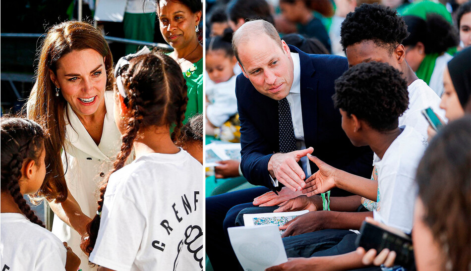 Герцогиня Кэтрин с принцем Уильямом общается с детьми участников поминальной службы у подножия Гренфелл-Тауэр в Лондоне, 14 июня 2022 года
