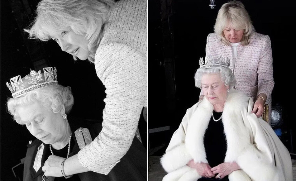 Елизавета II и королевский костюмер Анджелла Келли во время фотосессии