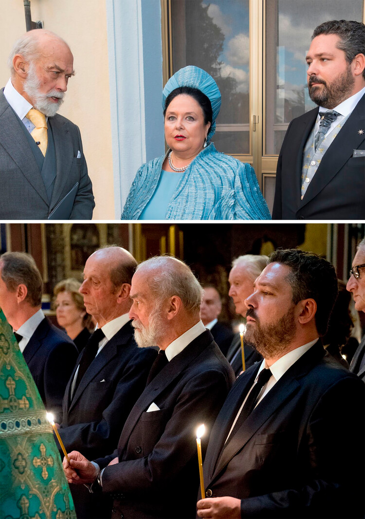 На первом фото: принц Майкл Кентский, великая княгиня Мария Микаилович Романов и её сын великий князь России Георгий Микаилович Романов на церемонии королевского бракосочетания принца Леки Албанского и Элии Албанского 8 октября 2016 года в Тиране, Албания, на втором фото: принц Эдуард, герцог Кентский, принц Майкл Кентский и великий князь Георгий на мессе памяти принца Александра Югославского в Соборе Святого Александра Невского 20 июня 2016 года в Париже, Франция