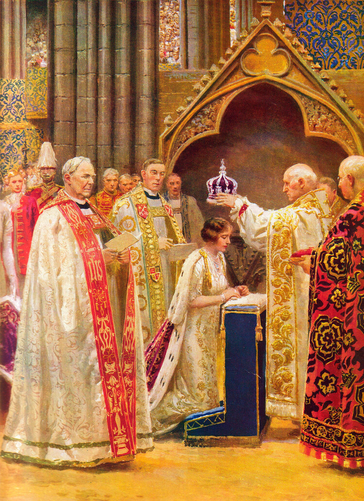 Коронация королевы-консорт Архиепископ возлагает корону на голову Её Величества, 1937