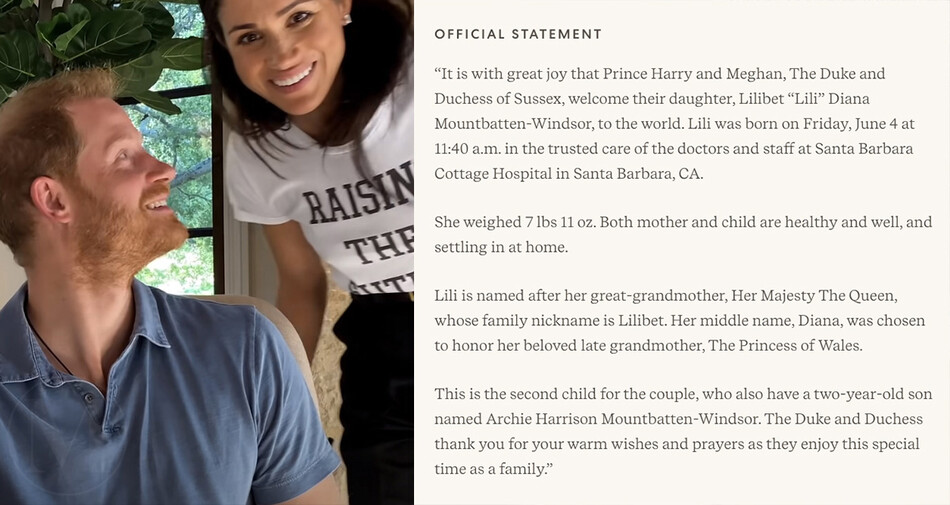 Герцоги Сасексикие Меган Маркл и принц Гарри опубликовала сообщение на своем веб-сайте Archewell в честь рождения малышки Лилибет, 2021