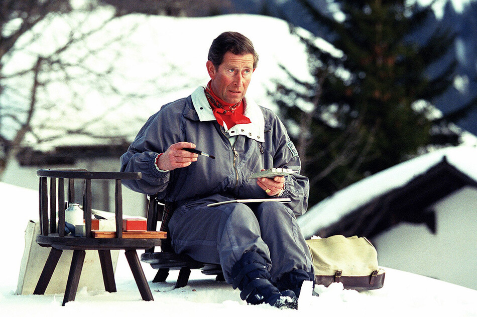 Принц Чарльз рисует акварелью в Клостерсе, Швейцария.