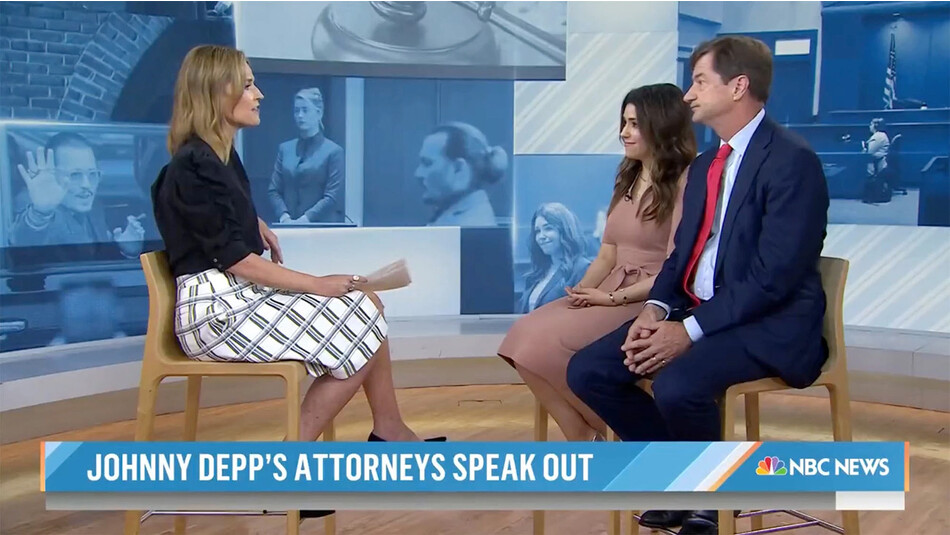 Адвокаты Джонни Деппа Камилла Васкес и Бен Чу беседуют с телеведущей во время прямого эфира «Доброе утро, Америка» на шоу Today, беседуют с телеведущей 2022