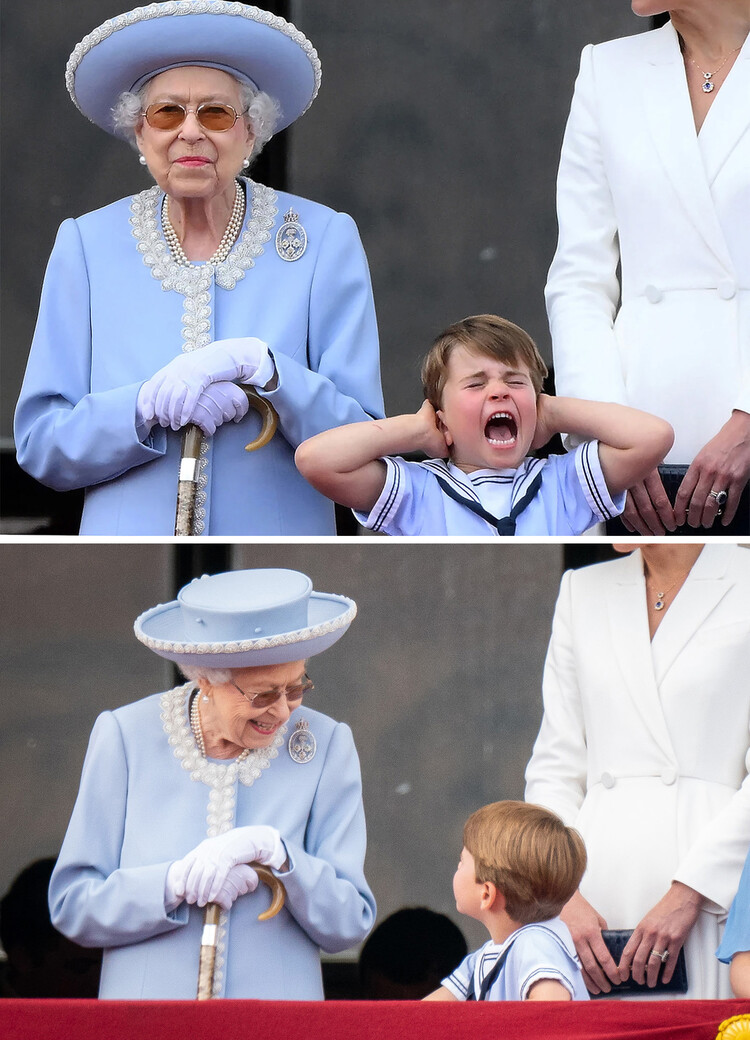 Принц Луи испытывает приступ паники из-за шума пролетающих королевских ВВС на балконе Букингемского дворца во время Trooping the Colour 2 июня 2022 года в Лондоне, Англия