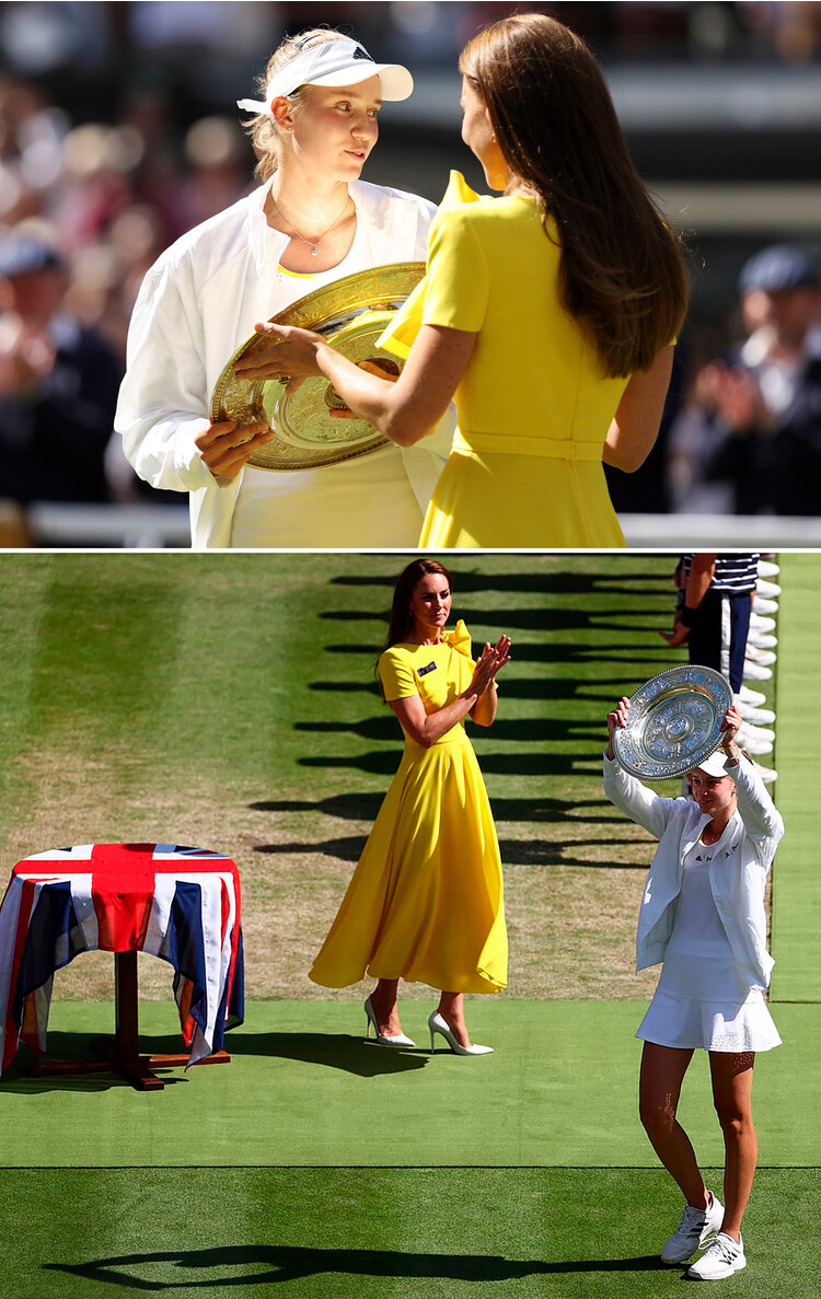 Кэтрин, герцогиня Кембриджская награждает Елену Рыбакину блюдом Венеры Розуотер за победу в финале женского одиночного разряда во Всеанглийском клубе лаун-тенниса и крокета 9 июля 2022 года в Лондоне, Англия