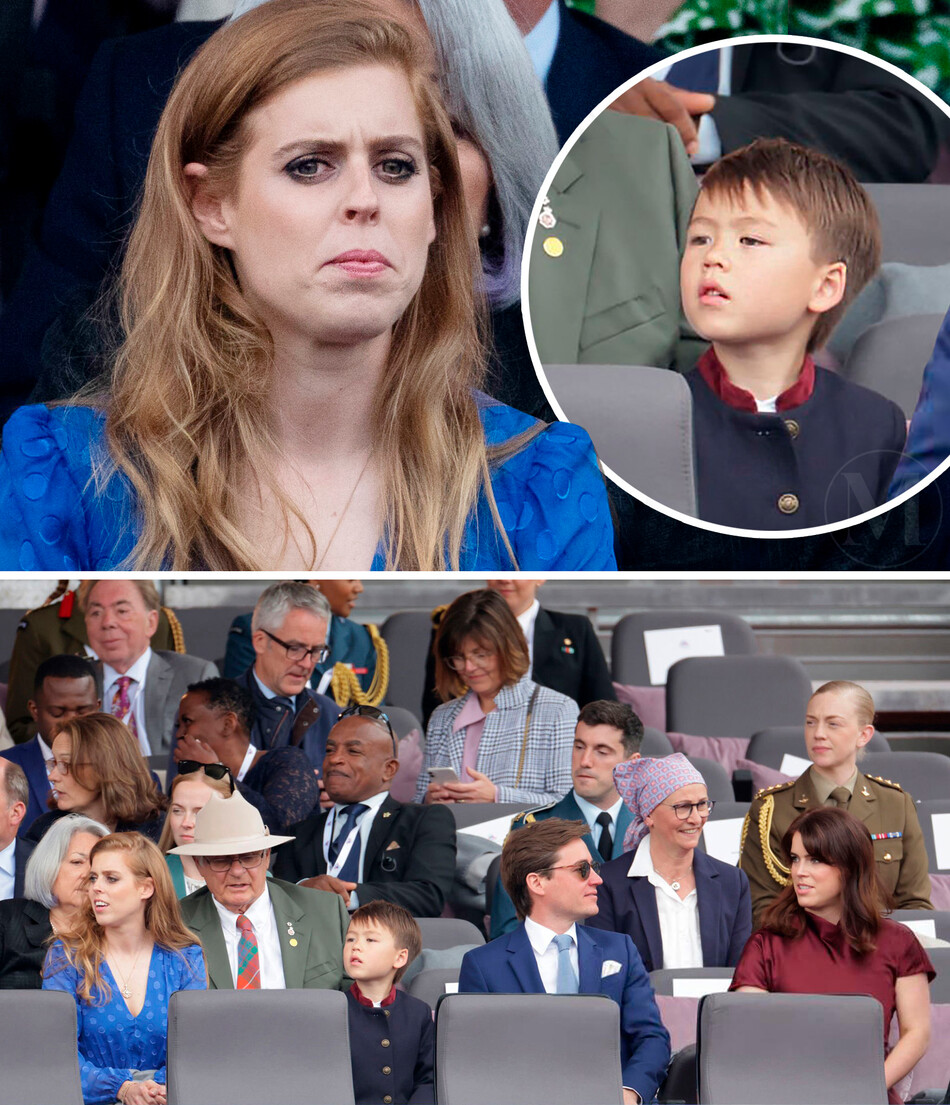 Принцесса Беатрис, Кристофер Мапелли-Моцци, Эдоардо Мапелли-Моцци и принцесса Евгения смотрят Платиновое театрализованное представление 5 июня 2022 года в Лондоне, Англия