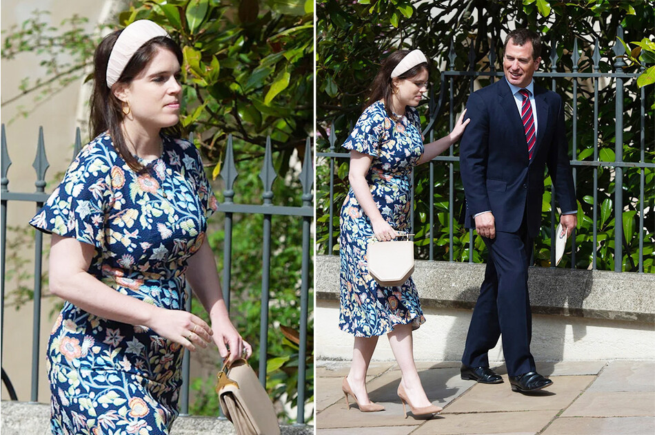 Принцесса Евгения и Питер Филлипс покидают пасхальную воскресную церковную службу в часовне Святого Георгия на территории Виндзорского замка 17 апреля 2022 года в Виндзоре, Англия