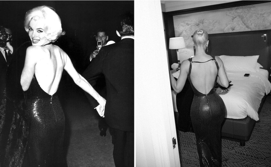 Мэрилин Монро на церемонии «Золотого глобуса» в 1962 году и Ким Кардашьян примеряет платье в номере отеля в 2022 году