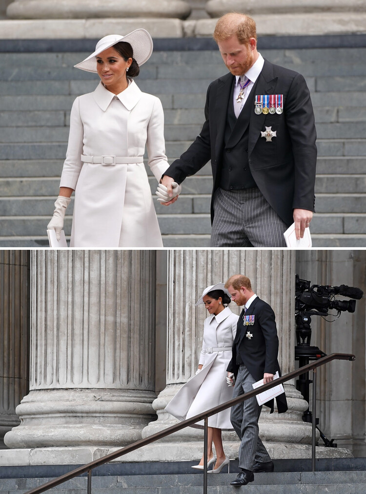 Меган Маркл и принц Гарри покидают торжественную церковную службу в соборе Святого Павла взявшись крепко за руки 3 июня 2022 года в Лондоне, Англия