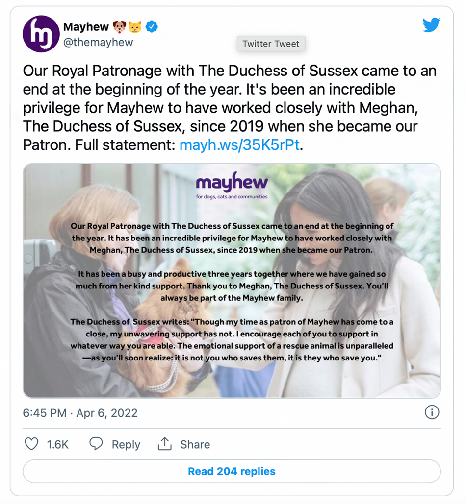 Официальное заявление благотворительного фонда Mayhew о завершении сотрудничества с герцогиней Сассекской Меган Маркл, 2022