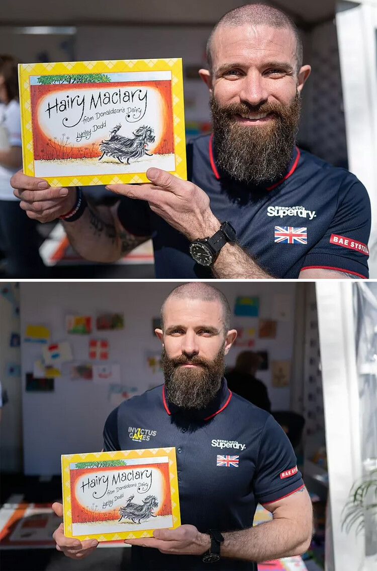 Джеймс Страйд держит в руках детскую книжку Линли Додд «Hairy Maclary»