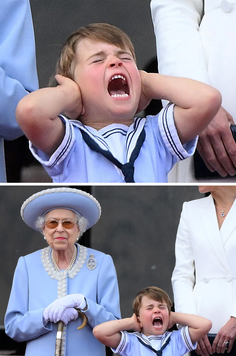 Принц Луи испытывает приступ паники из-за шума пролетающих королевских ВВС на балконе Букингемского дворца во время Trooping the Colour 2 июня 2022 года в Лондоне, Англия