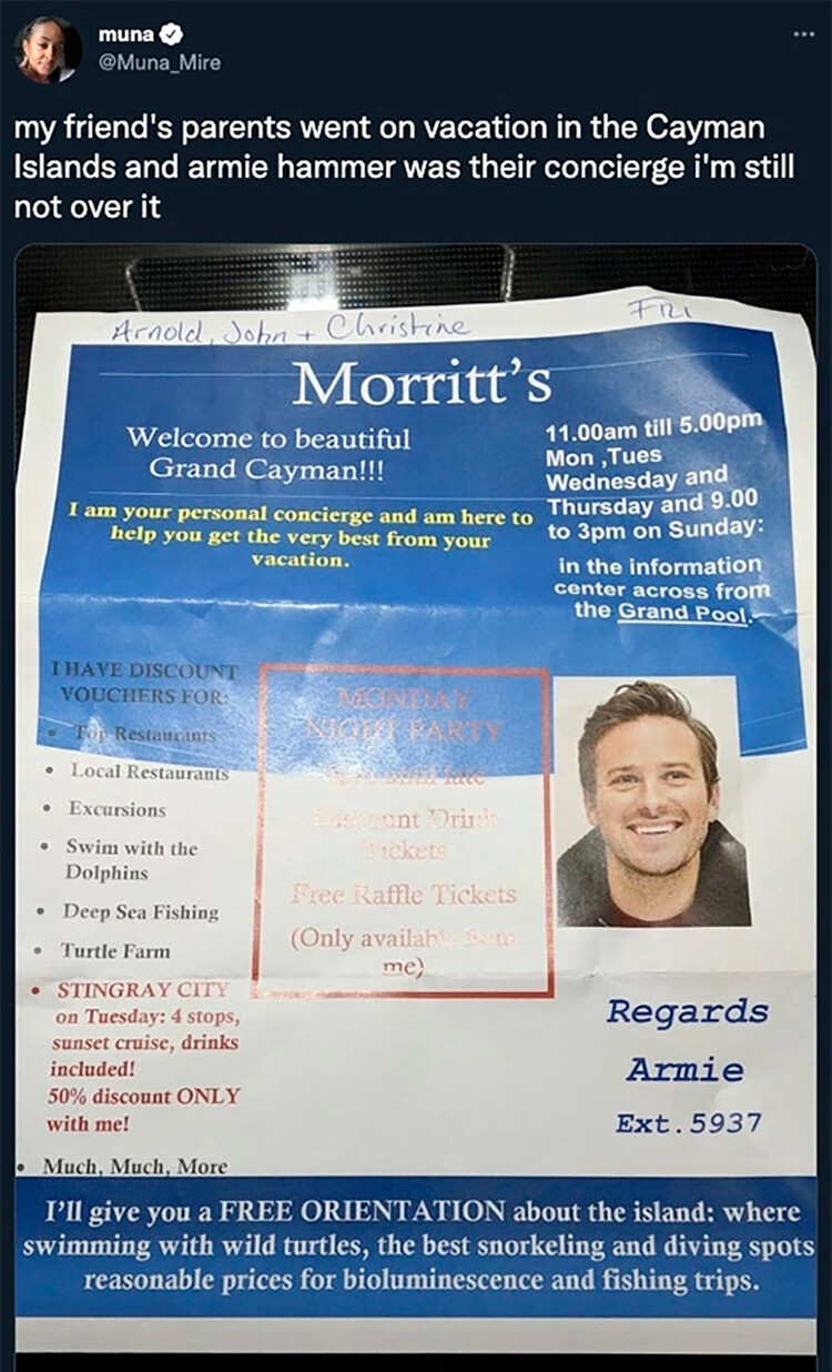 Арми Хаммер работает в отеле на Каймановых островах