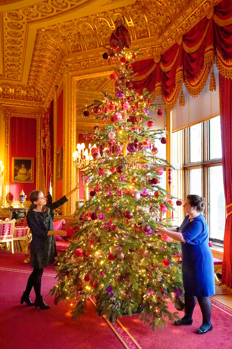 Сотрудники фонда Royal Collection Trust украшают недавно установленную рождественскую ёлку в Багровой гостиной в Виндзорском замке, 2022г.